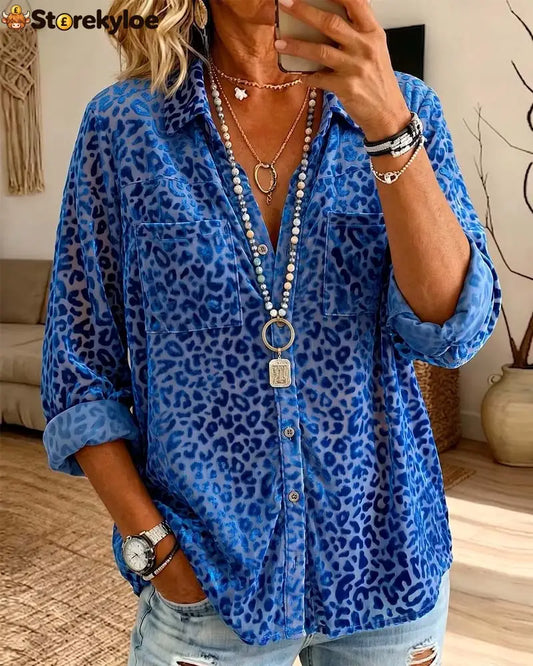 Leopard Pocket Button Shirt - Blue / S