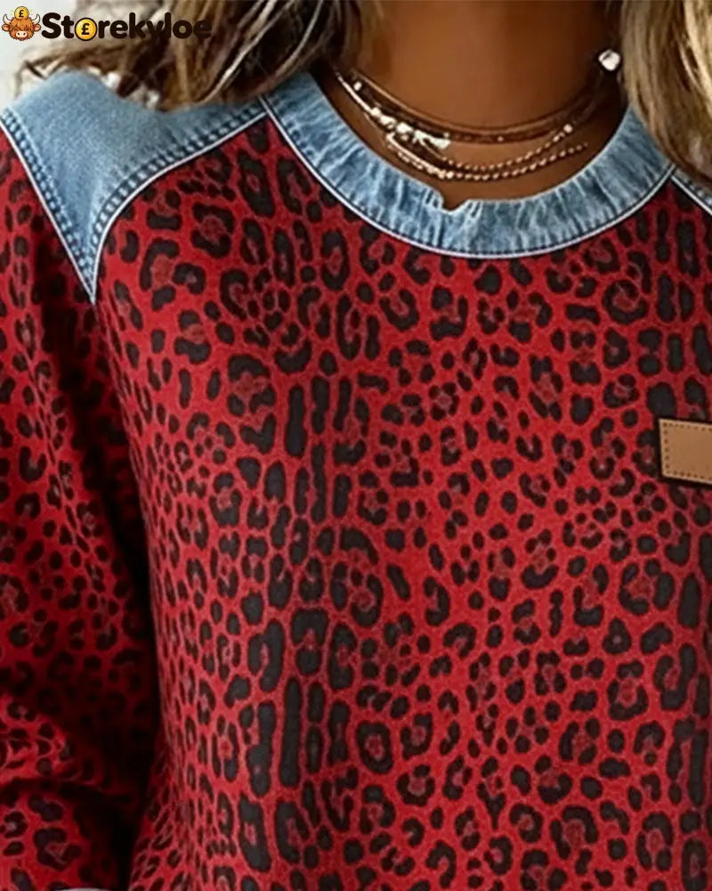 Leopard Print Denim Patchwork Sweatshirt