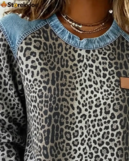 Leopard Print Denim Patchwork Sweatshirt