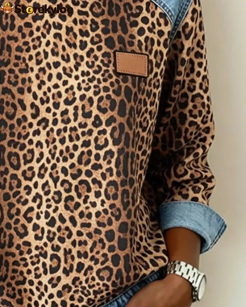 Leopard Print Denim Patchwork Sweatshirt