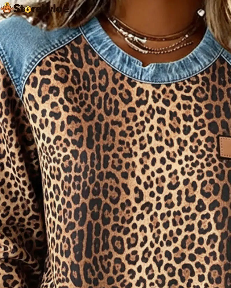 Leopard Print Denim Patchwork Sweatshirt