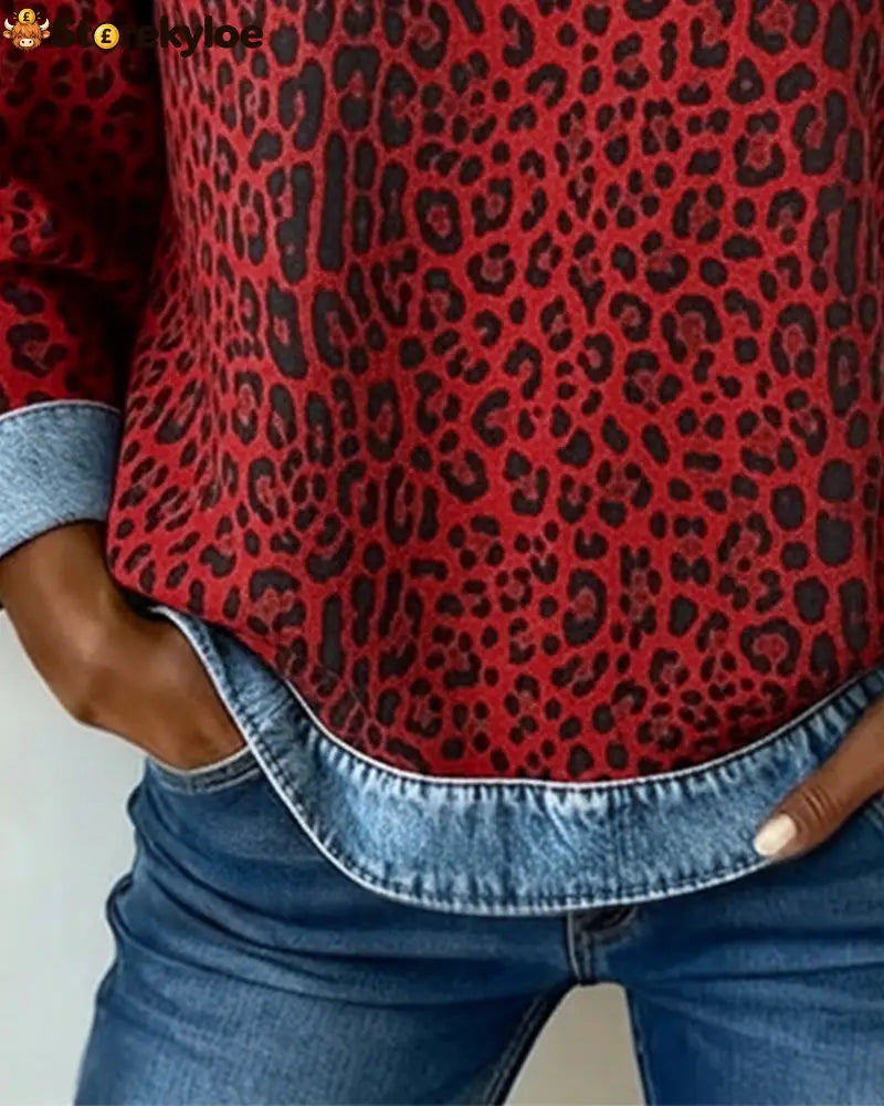 Leopard Print Denim Patchwork Sweatshirt