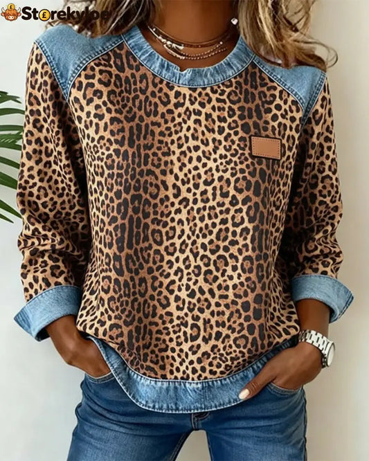 Leopard Print Denim Patchwork Sweatshirt - Brown / S