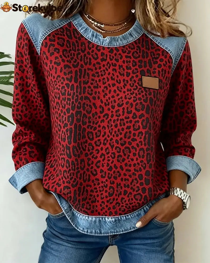 Leopard Print Denim Patchwork Sweatshirt - Red / S