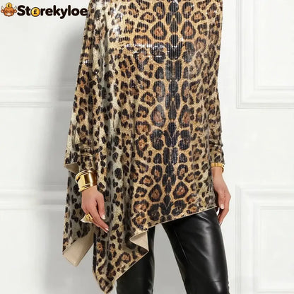 Leopard Sequin Turtleneck Asymmetric Draped Long Sleeve Loose Blouse Top