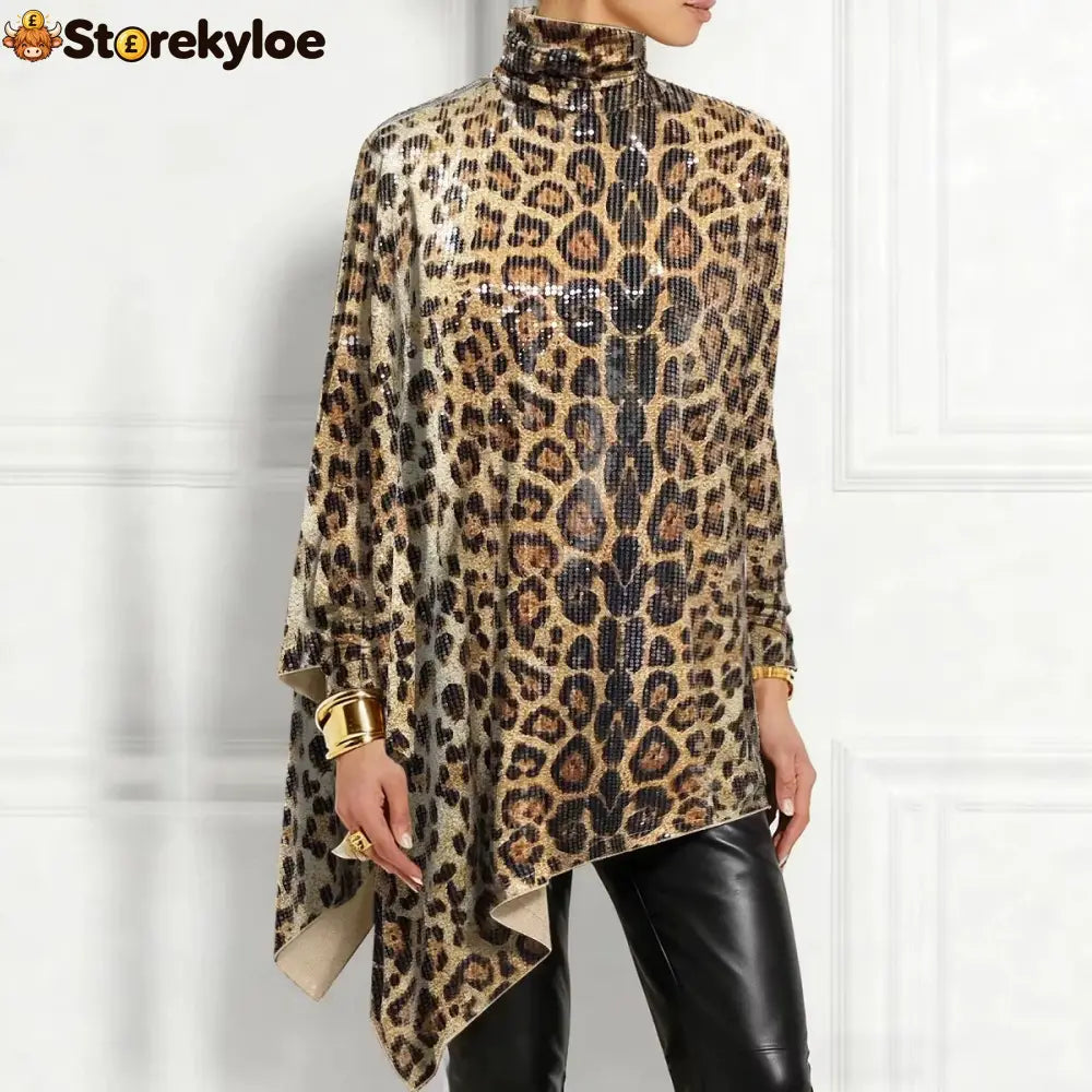 Leopard Sequin Turtleneck Asymmetric Draped Long Sleeve Loose Blouse Top