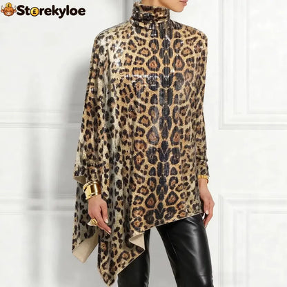 Leopard Sequin Turtleneck Asymmetric Draped Long Sleeve Loose Blouse Top