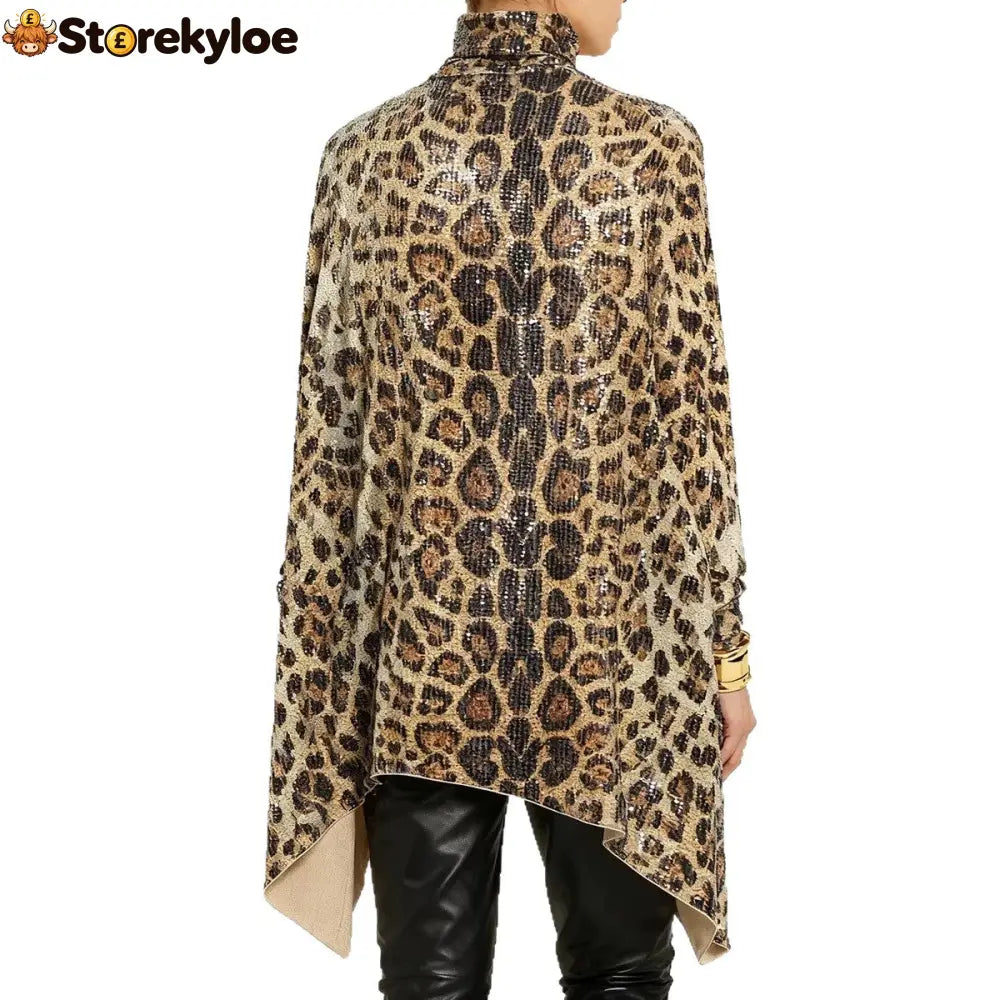 Leopard Sequin Turtleneck Asymmetric Draped Long Sleeve Loose Blouse Top