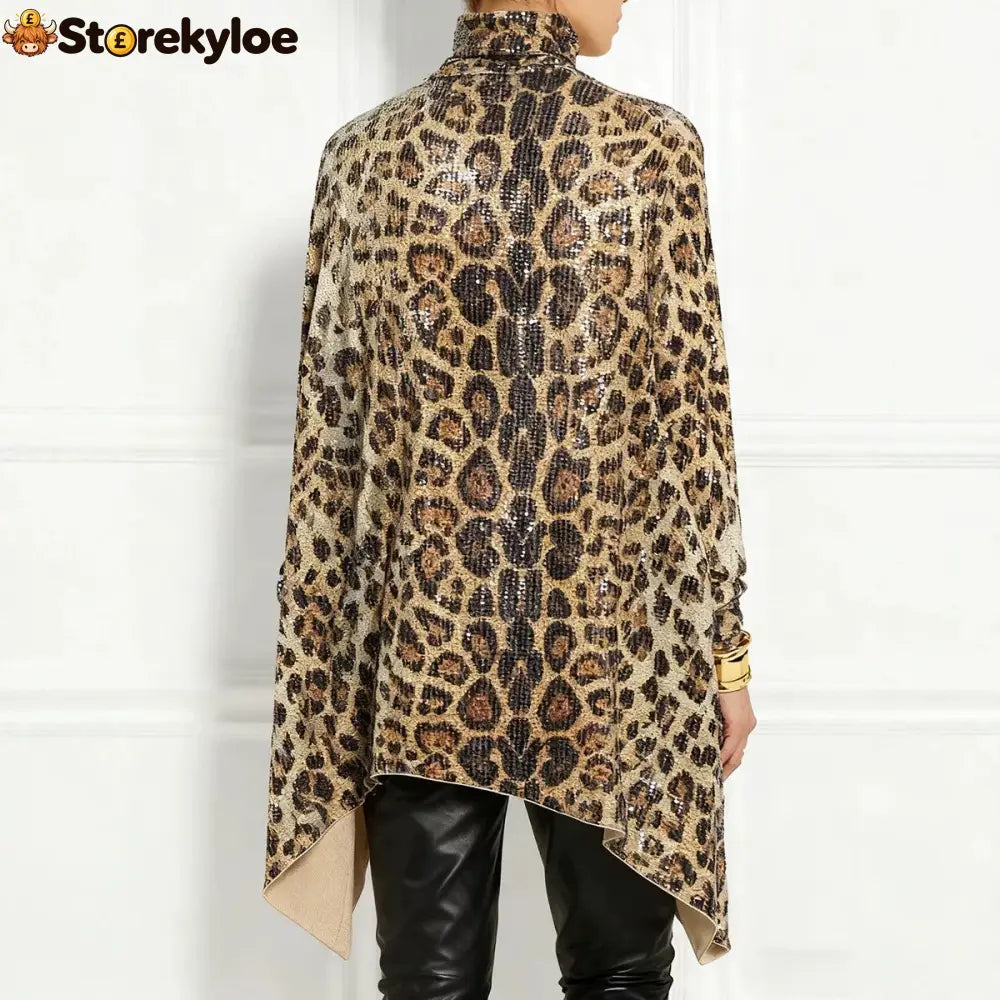 Leopard Sequin Turtleneck Asymmetric Draped Long Sleeve Loose Blouse Top