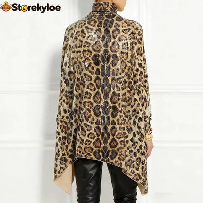 Leopard Sequin Turtleneck Asymmetric Draped Long Sleeve Loose Blouse Top