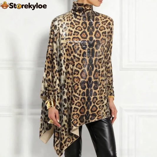 Leopard Sequin Turtleneck Asymmetric Draped Long Sleeve Loose Blouse Top