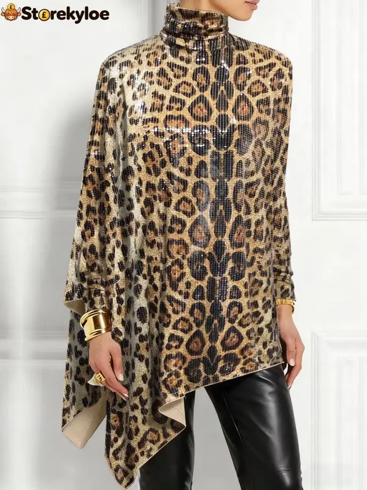 Leopard Sequin Turtleneck Asymmetric Draped Long Sleeve Loose Blouse Top - Leopard pattern / S