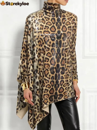 Leopard Sequin Turtleneck Asymmetric Draped Long Sleeve Loose Blouse Top - Leopard pattern / S