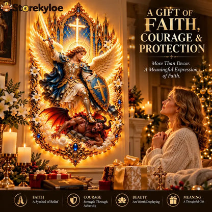 🛡️ Let Faith Conquer Darkness! ✨ Saint Michael the Archangel – Divine Protection Illuminated Wall Art