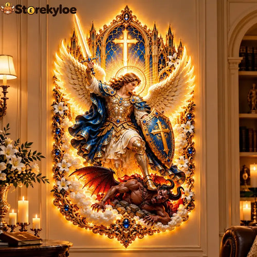 🛡️ Let Faith Conquer Darkness! ✨ Saint Michael the Archangel – Divine Protection Illuminated Wall Art