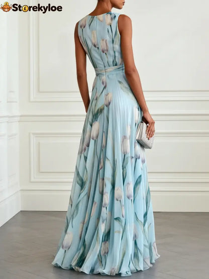 Light Blue Floral Print Chiffon V-neck Sleeveless Maxi Dress