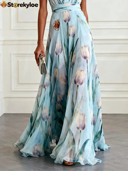 Light Blue Floral Print Chiffon V-neck Sleeveless Maxi Dress