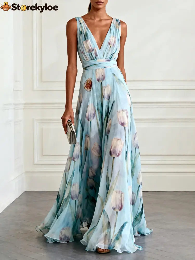 Light Blue Floral Print Chiffon V-neck Sleeveless Maxi Dress - Light Blue / XS