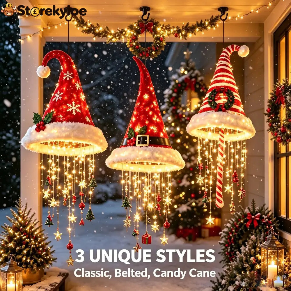 🎅✨Light‑Up Santa Hat Hanging Chandelier Plush Christmas Pendant Light with Hanging Ornaments Indoor & Covered Porch