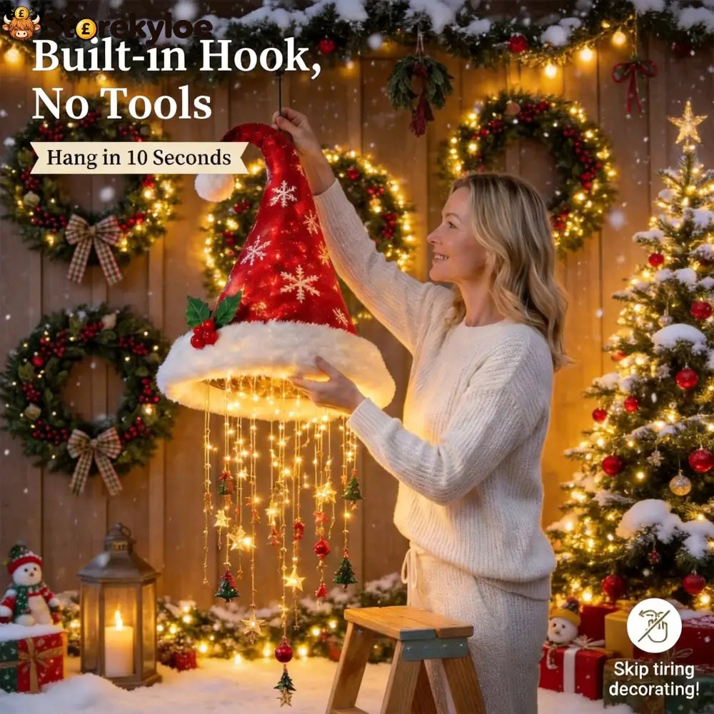 🎅✨Light‑Up Santa Hat Hanging Chandelier Plush Christmas Pendant Light with Hanging Ornaments Indoor & Covered Porch