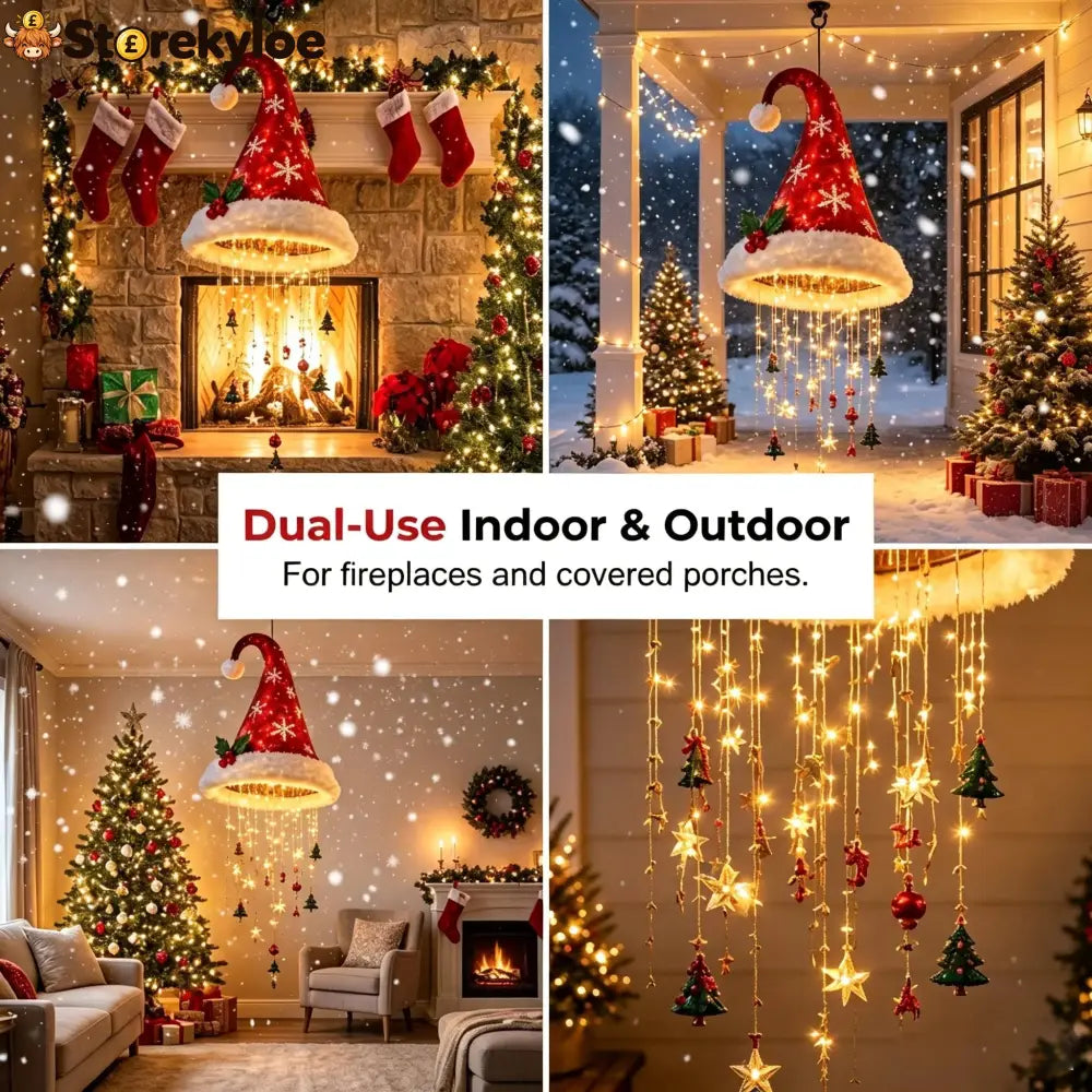 🎅✨Light‑Up Santa Hat Hanging Chandelier Plush Christmas Pendant Light with Hanging Ornaments Indoor & Covered Porch