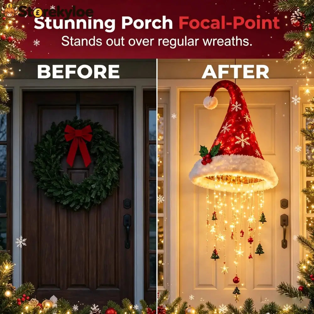 🎅✨Light‑Up Santa Hat Hanging Chandelier Plush Christmas Pendant Light with Hanging Ornaments Indoor & Covered Porch