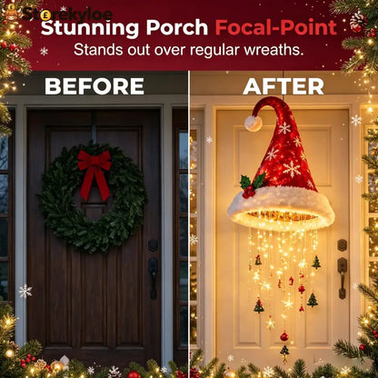 🎅✨Light‑Up Santa Hat Hanging Chandelier Plush Christmas Pendant Light with Hanging Ornaments Indoor & Covered Porch