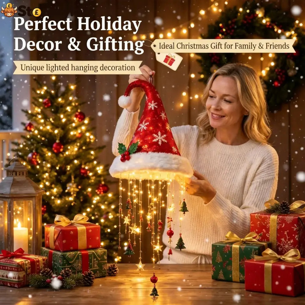🎅✨Light‑Up Santa Hat Hanging Chandelier Plush Christmas Pendant Light with Hanging Ornaments Indoor & Covered Porch