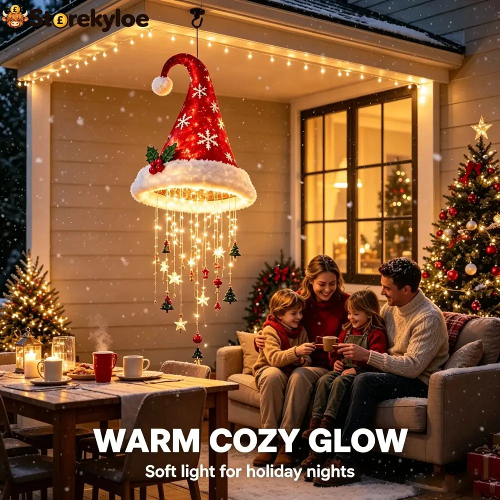 🎅✨Light‑Up Santa Hat Hanging Chandelier Plush Christmas Pendant Light with Hanging Ornaments Indoor & Covered Porch