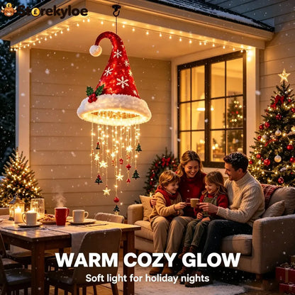 🎅✨Light‑Up Santa Hat Hanging Chandelier Plush Christmas Pendant Light with Hanging Ornaments Indoor & Covered Porch