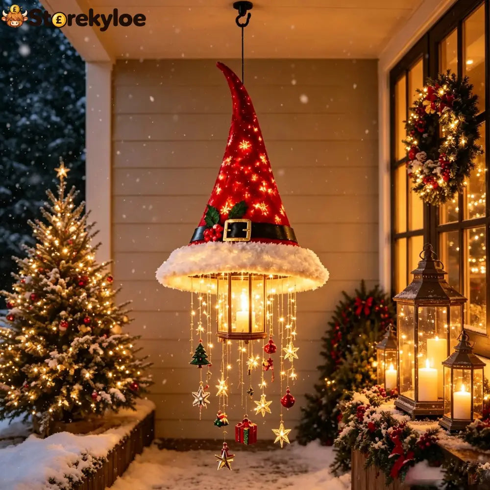 🎅✨Light‑Up Santa Hat Hanging Chandelier Plush Christmas Pendant Light with Hanging Ornaments Indoor & Covered Porch