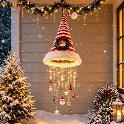 🎅✨Light‑Up Santa Hat Hanging Chandelier Plush Christmas Pendant Light with Hanging Ornaments Indoor & Covered Porch