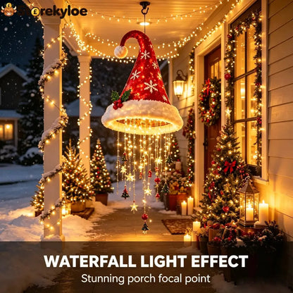 🎅✨Light‑Up Santa Hat Hanging Chandelier Plush Christmas Pendant Light with Hanging Ornaments Indoor & Covered Porch