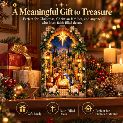 ✨ Lighted Bethlehem Nativity Book Nook – Christmas Building Block Display Of Faith - Bethlehem Nativity Book Nook