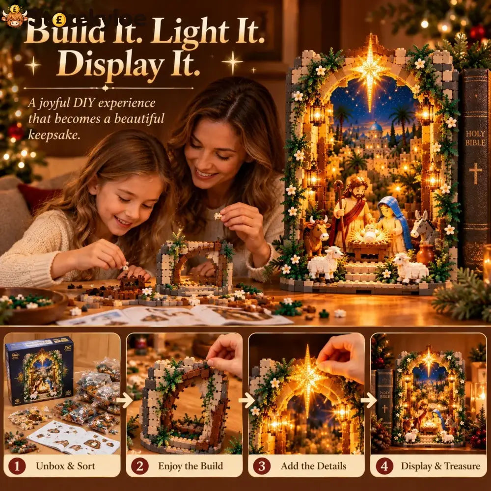 ✨ Lighted Bethlehem Nativity Book Nook – Christmas Building Block Display Of Faith - Bethlehem Nativity Book Nook
