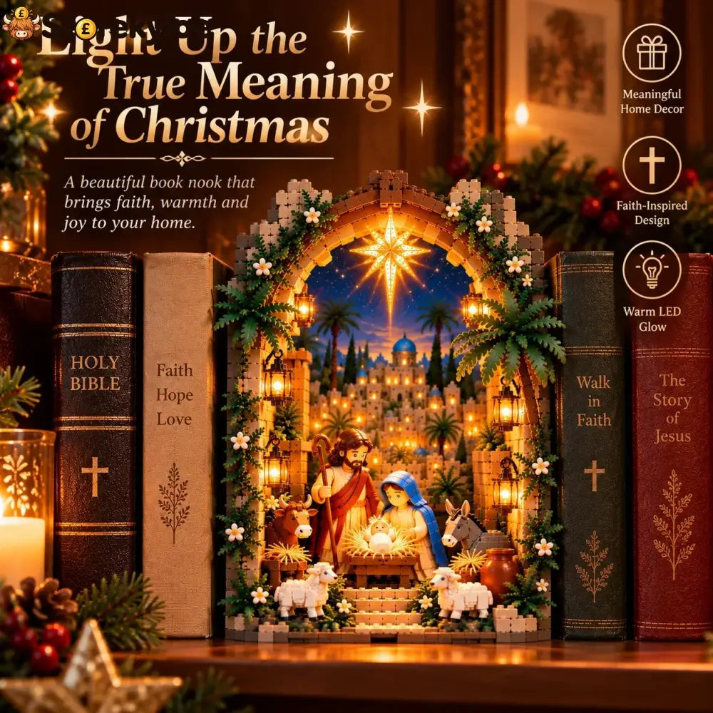 ✨ Lighted Bethlehem Nativity Book Nook – Christmas Building Block Display Of Faith - Bethlehem Nativity Book Nook