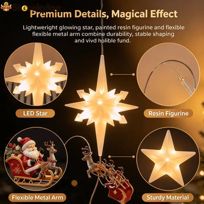 Lighted Christmas Tree Topper Moravian Led Star With Bendable Metal Arm Santa Reindeer Sleigh Flying Ornament Christmas