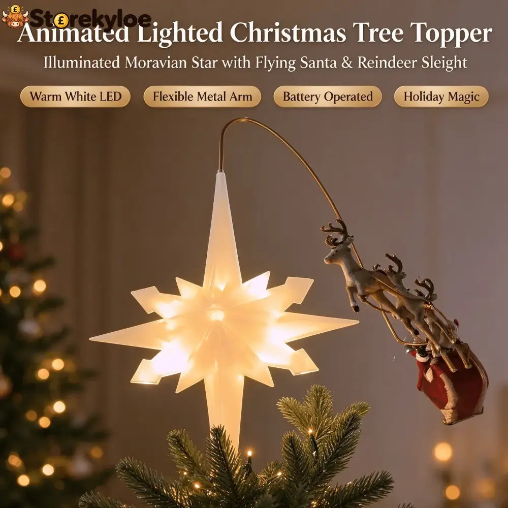 Lighted Christmas Tree Topper Moravian Led Star With Bendable Metal Arm Santa Reindeer Sleigh Flying Ornament Christmas