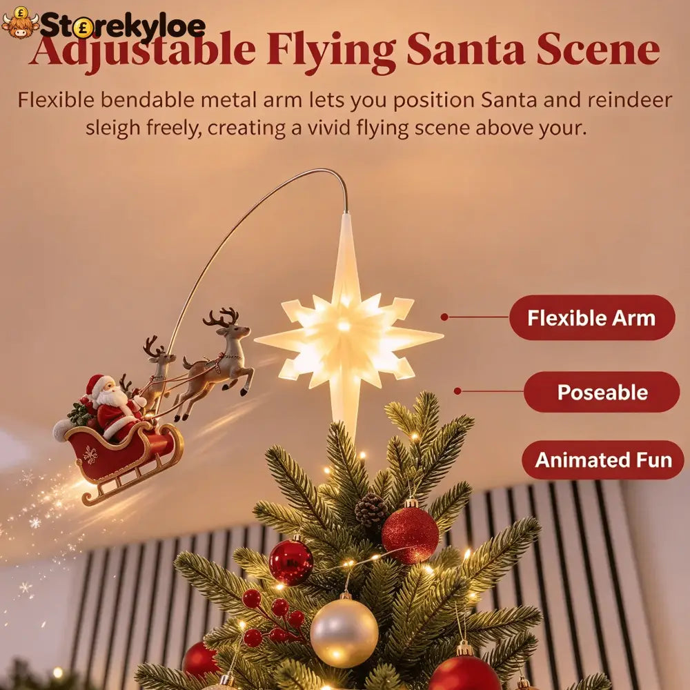 Lighted Christmas Tree Topper Moravian Led Star With Bendable Metal Arm Santa Reindeer Sleigh Flying Ornament Christmas