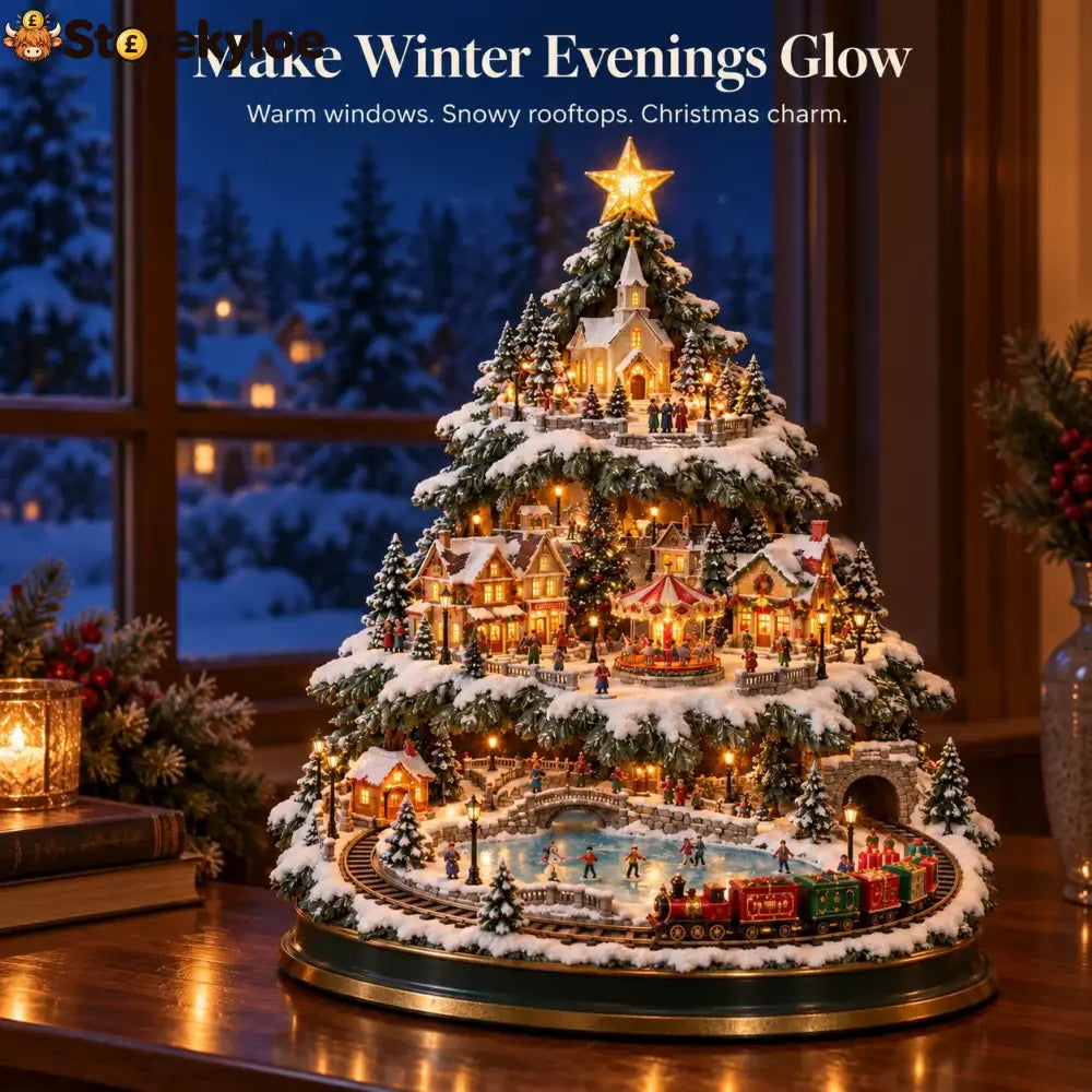 🎄 Lighted Christmas Village Tree with Train & Carousel
