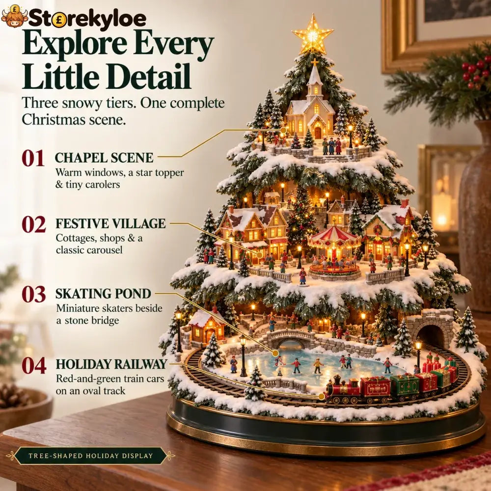 🎄 Lighted Christmas Village Tree with Train & Carousel