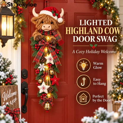 🎄 Lighted Highland Cow Christmas Door Swag – A Cozy Holiday Welcome