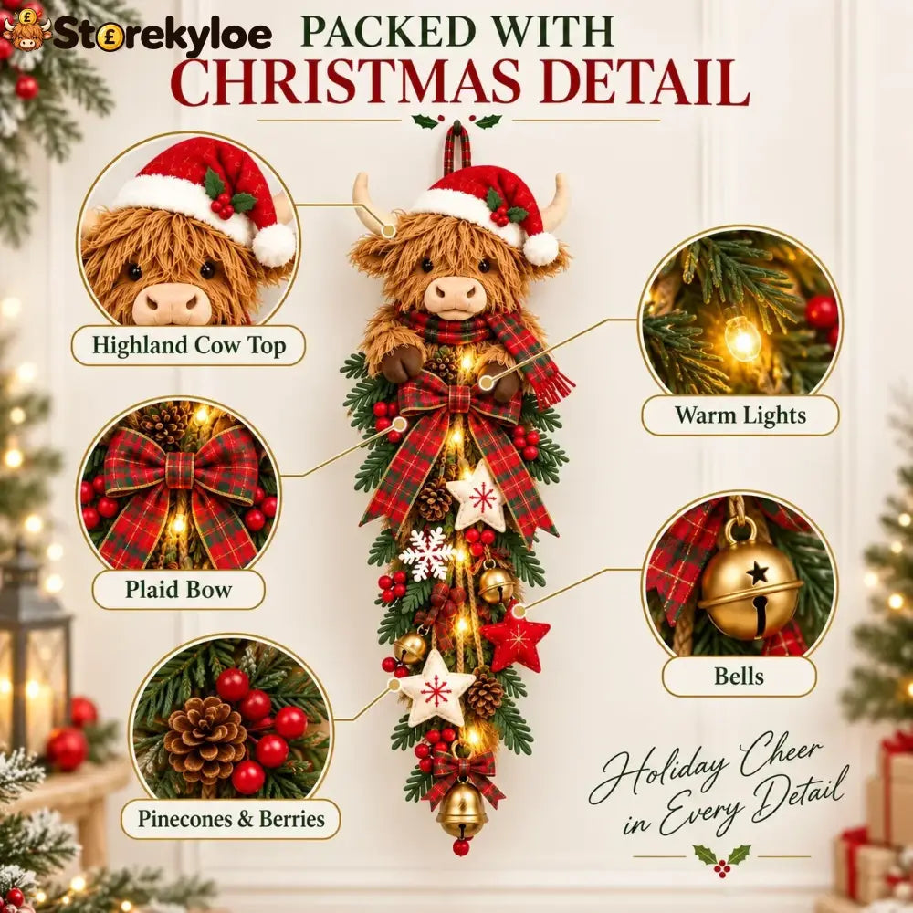 🎄 Lighted Highland Cow Christmas Door Swag – A Cozy Holiday Welcome