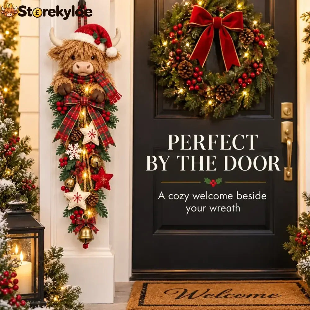 🎄 Lighted Highland Cow Christmas Door Swag – A Cozy Holiday Welcome