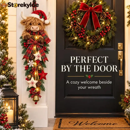 🎄 Lighted Highland Cow Christmas Door Swag – A Cozy Holiday Welcome