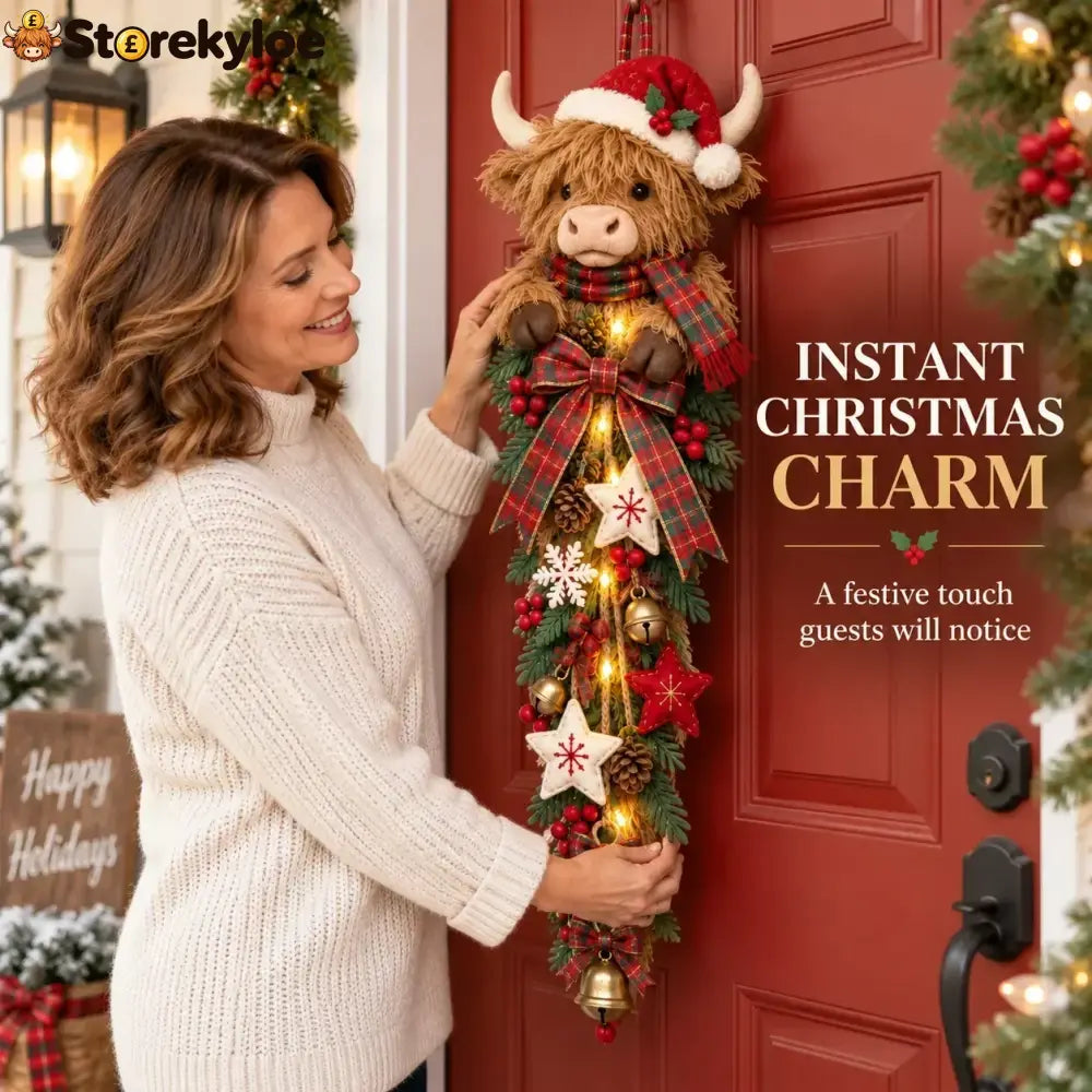 🎄 Lighted Highland Cow Christmas Door Swag – A Cozy Holiday Welcome