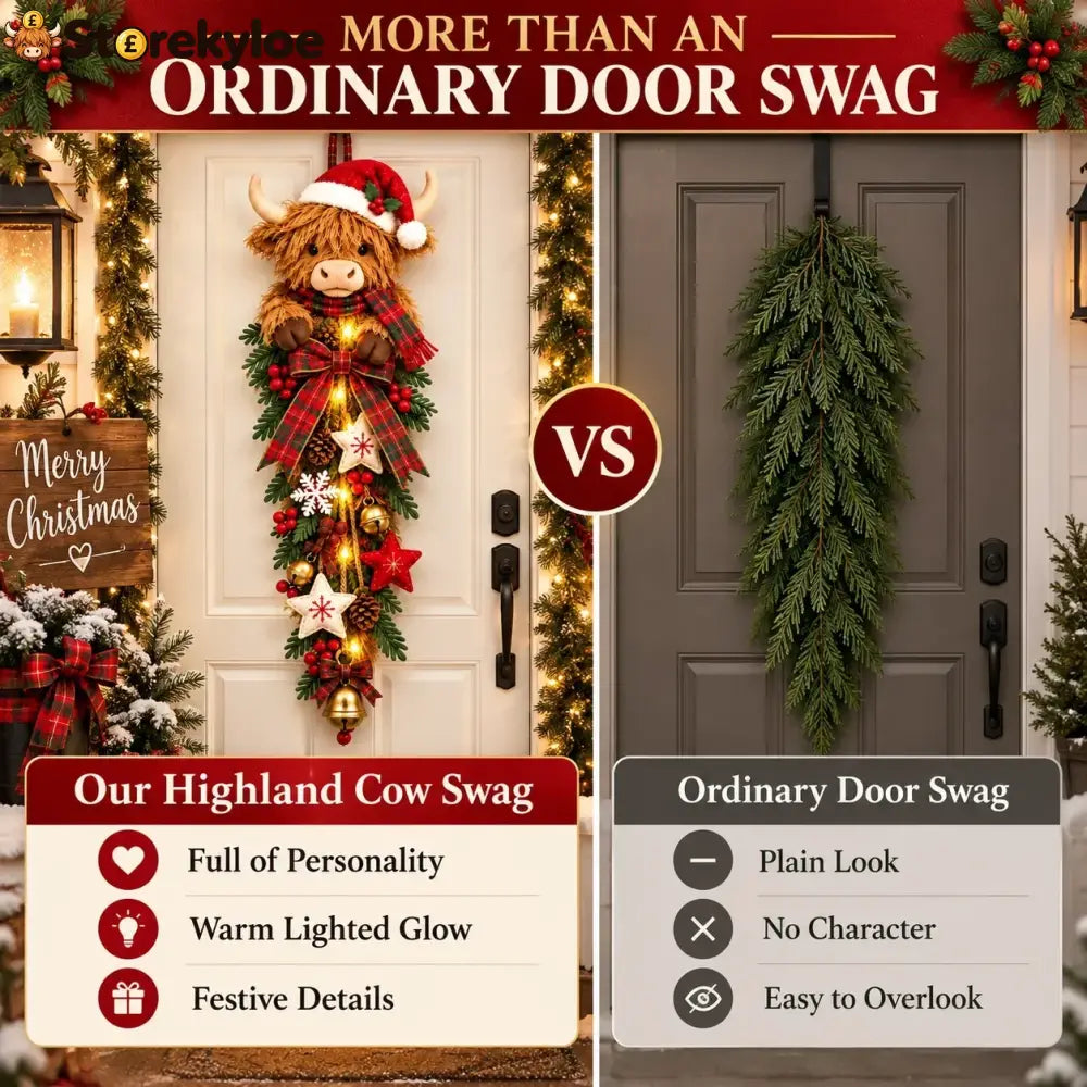 🎄 Lighted Highland Cow Christmas Door Swag – A Cozy Holiday Welcome