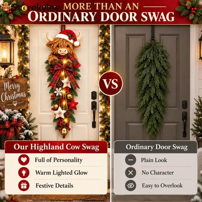 🎄 Lighted Highland Cow Christmas Door Swag – A Cozy Holiday Welcome