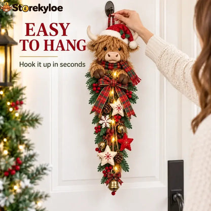 🎄 Lighted Highland Cow Christmas Door Swag – A Cozy Holiday Welcome