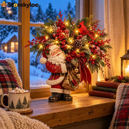 Lighted Santa & Cardinal Christmas Arrangement With Remote & Timer